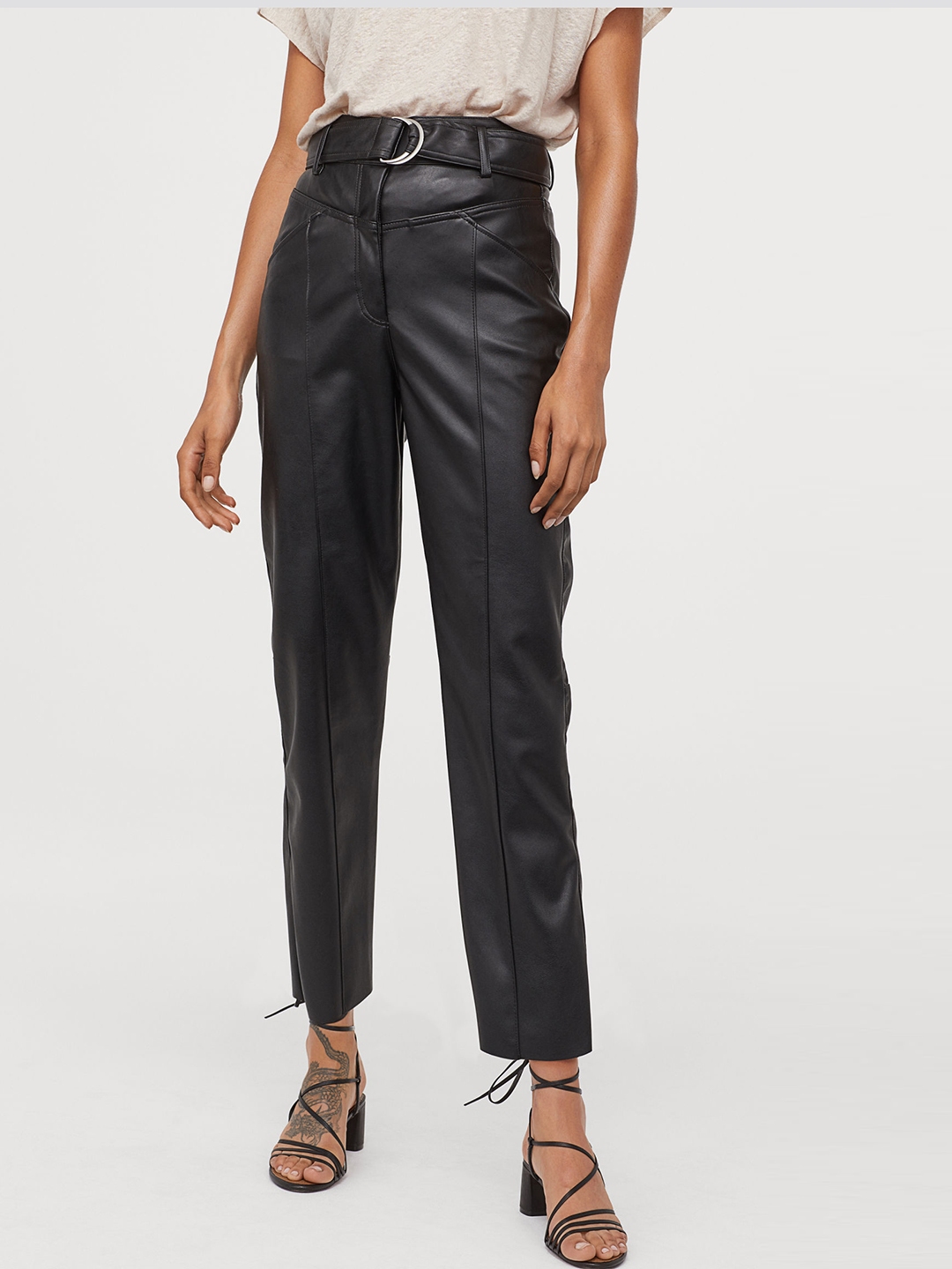 Buy H&M Women Black Solid Imitation Leather Trousers