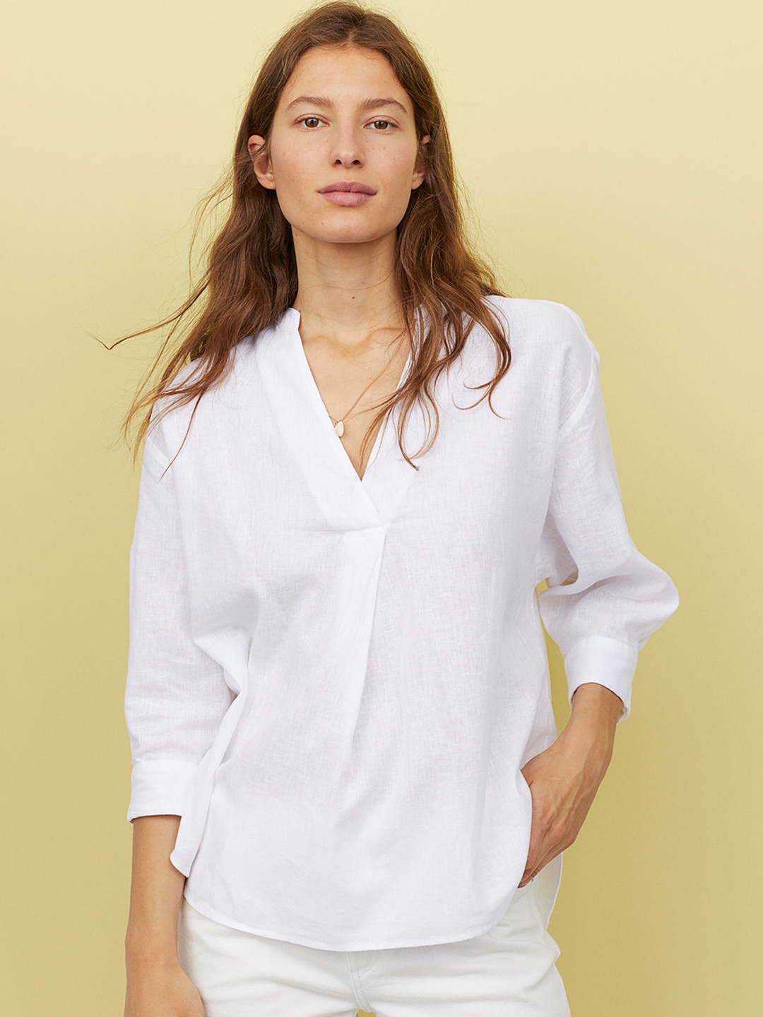 Buy H&M Women White Solid Linen Blend Blouse Tops for Women 10477622