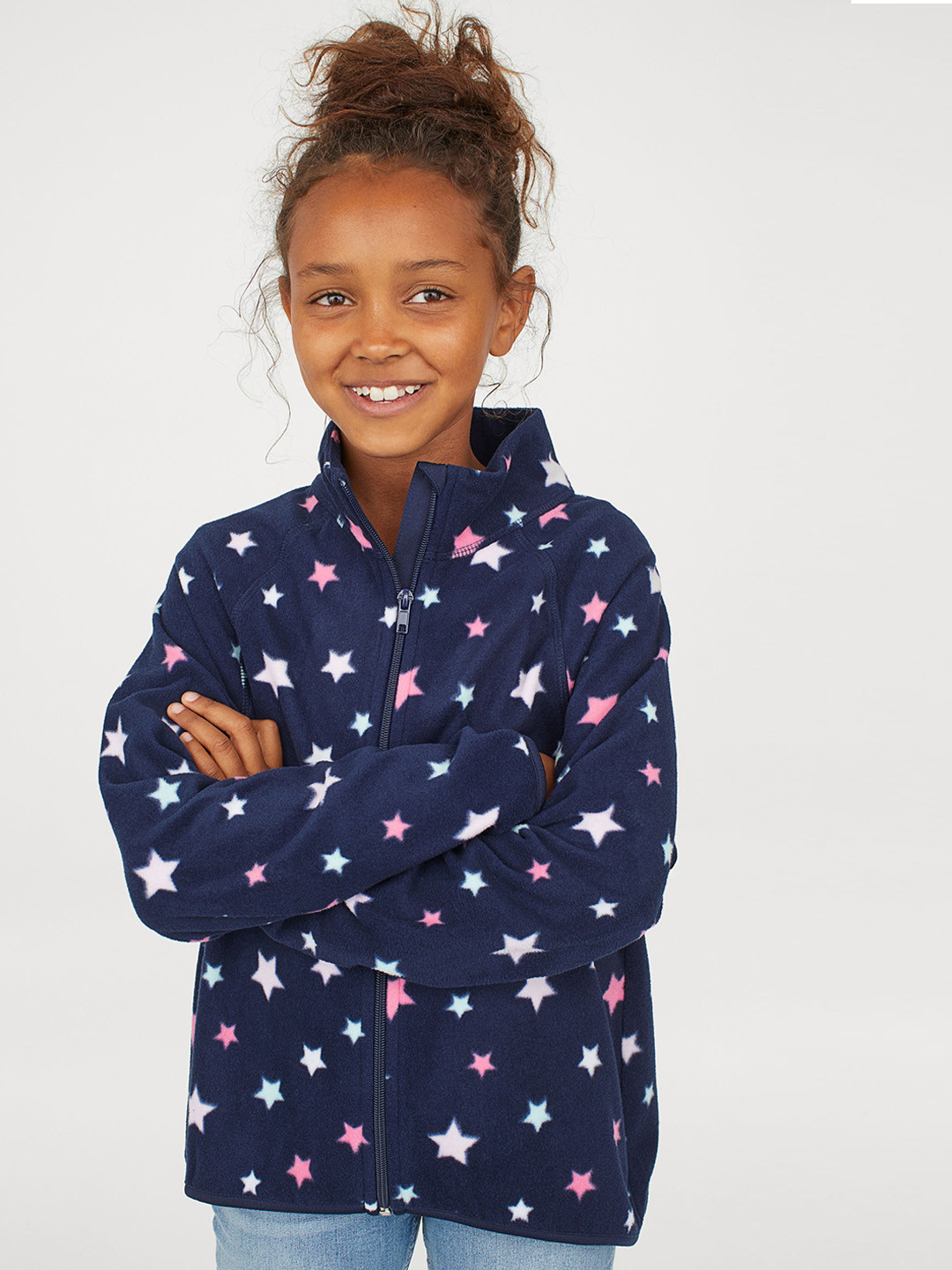 Buy H&M Girls Navy Blue & White Printed Fleece Jacket Jackets for