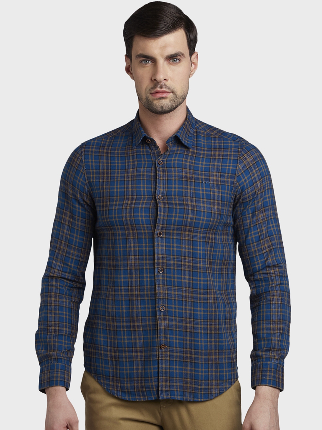 Buy ColorPlus Men Blue & Brown Slim Fit Checked Casual Shirt - Shirts ...