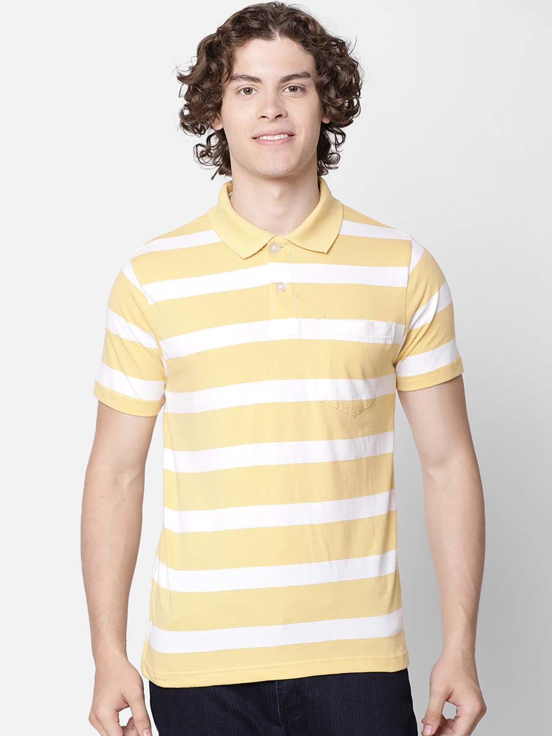 Buy IMYOUNG Men Yellow White Striped Polo Collar Organic Cotton T Shirt