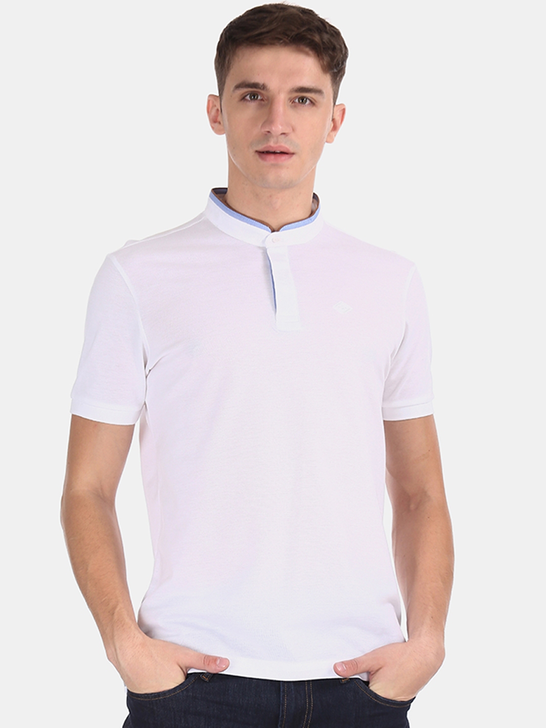 Buy Arrow Sport Men White Solid Mandarin Collar Pure Cotton T Shirt ...
