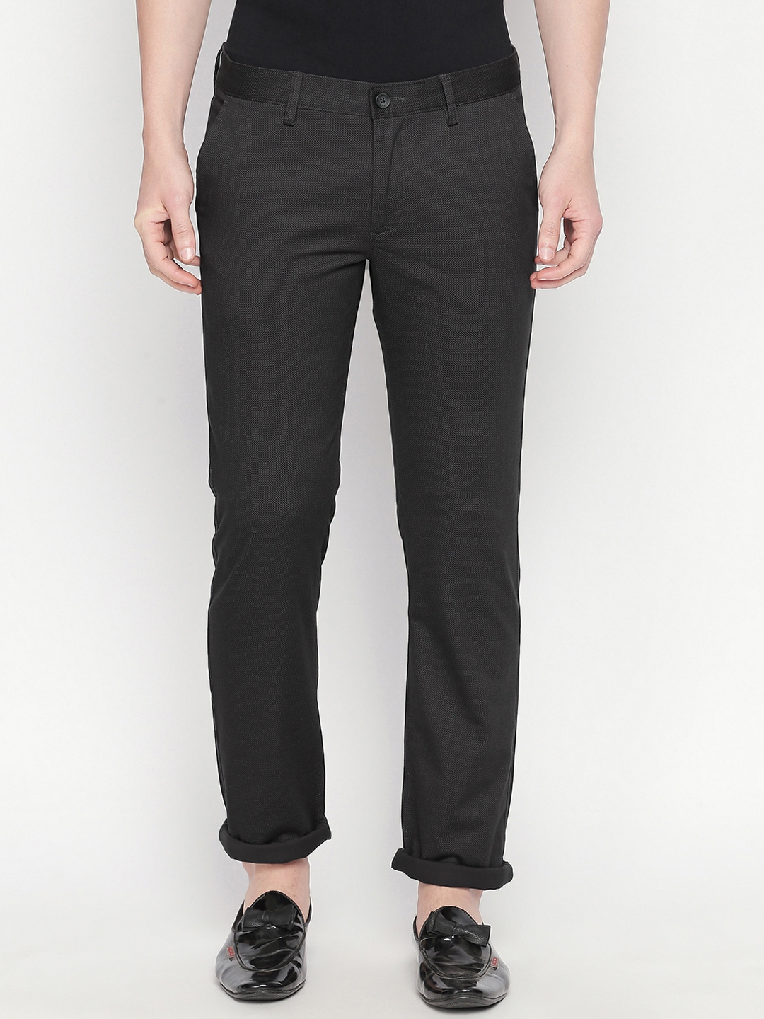 Buy Basics Men Black Tapered Fit Self Design Regular Trousers ...
