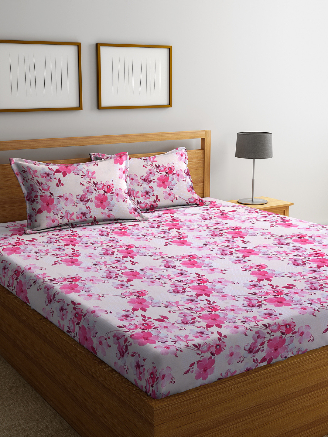 Buy BOMBAY DYEING Pink Floral 110 TC Cotton 1 King Bedsheet With 2