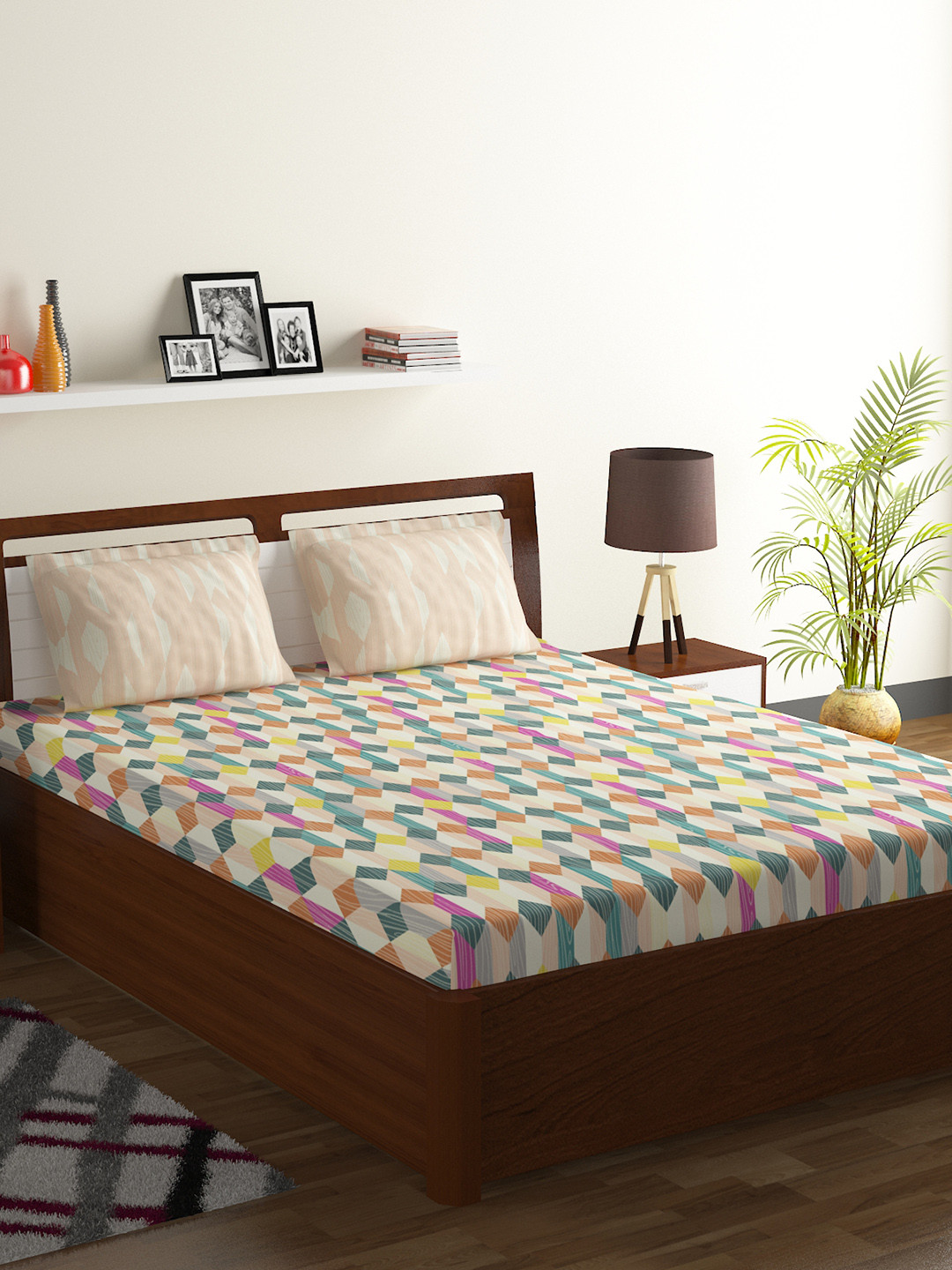 Buy BOMBAY DYEING Blue & Yellow Geometric 120 TC Cotton 1 King Bedsheet