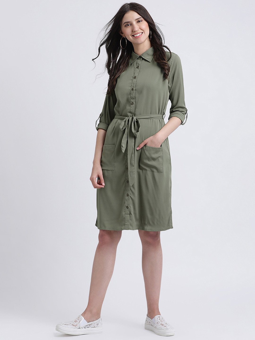 Buy AkaAyu Women Olive Green Shirt Dress Dresses for Women 10510704