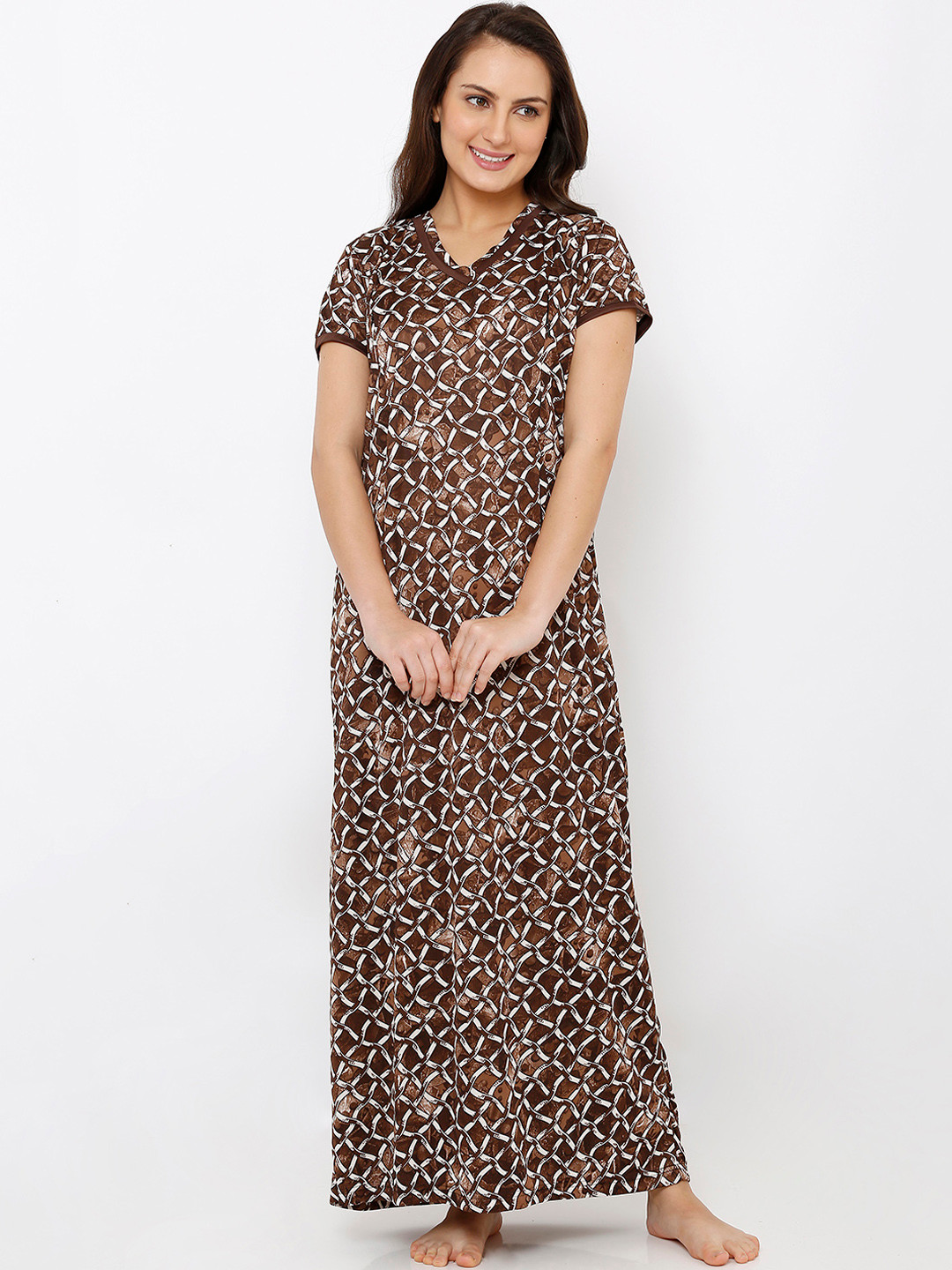 Buy Pretty Awesome Brown & White Printed Nursing Nightdress PTAS368