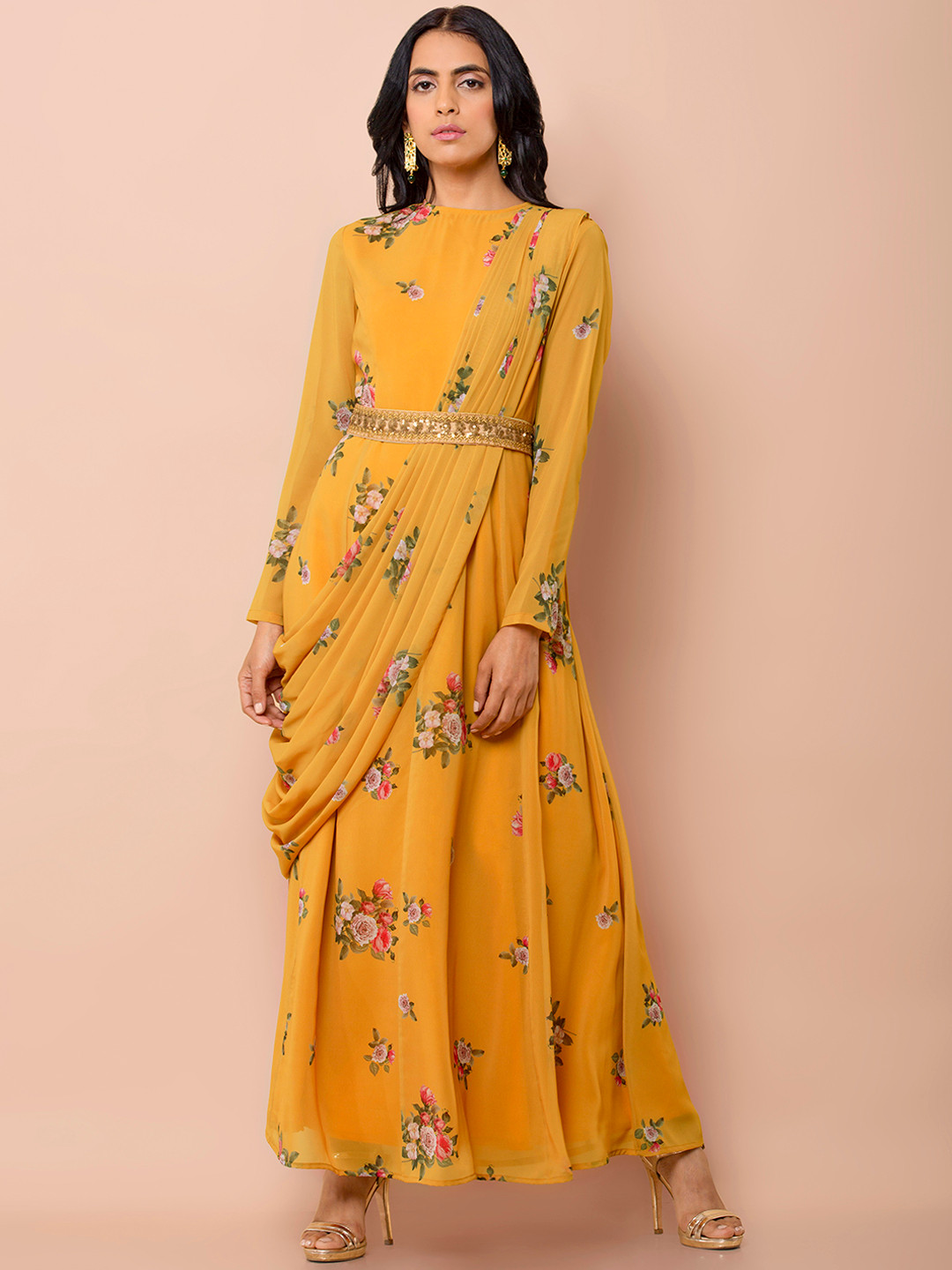 Buy INDYA Women Yellow A Line Dress With Attached Dupatta Dresses for