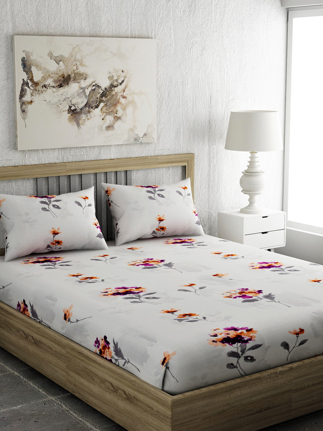 Buy EverHOME Grey & Orange Floral 210 TC Cotton 1 Extra Large Bedsheet
