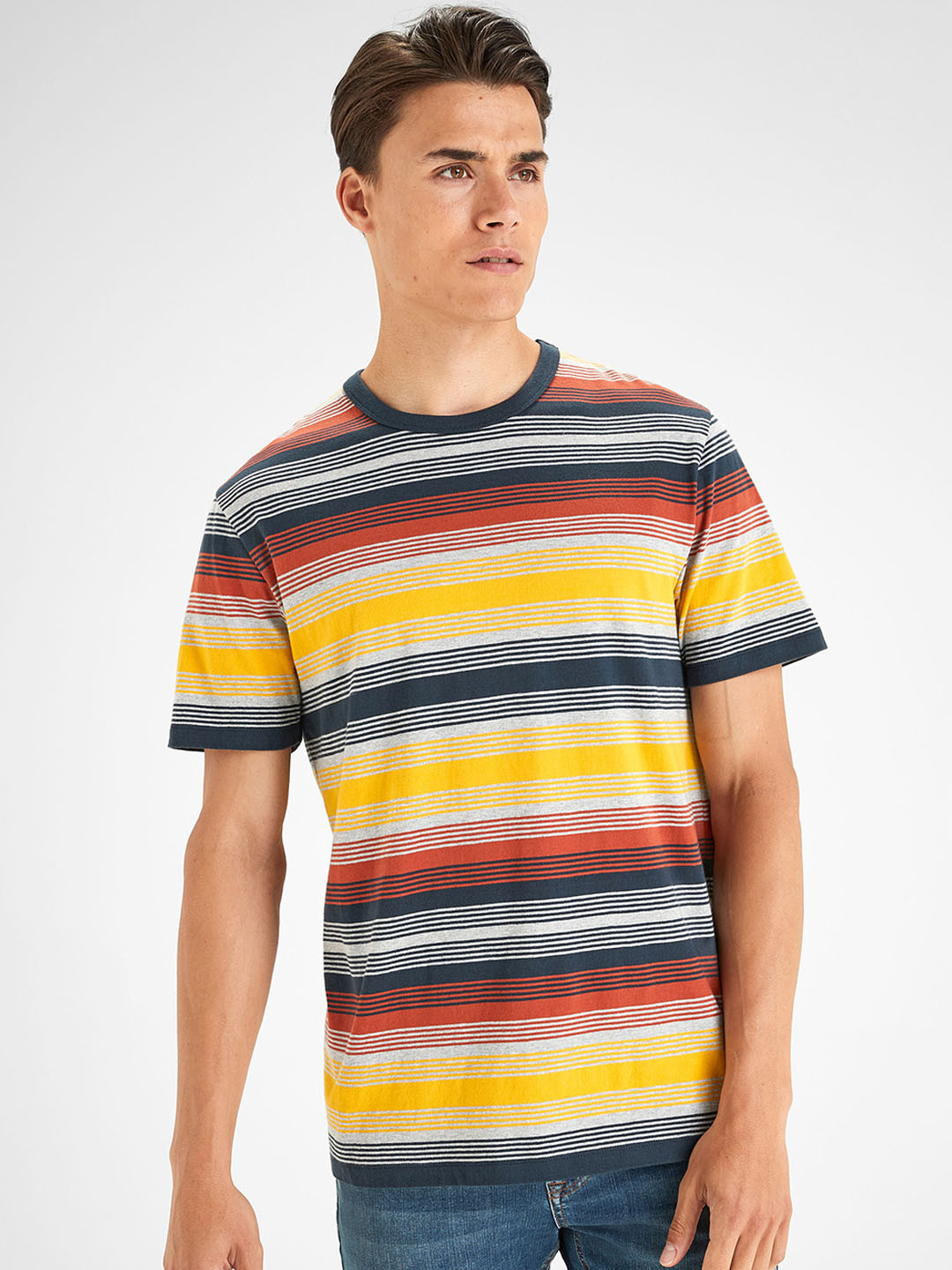 Buy Next Men Multicoloured Striped Round Neck Pure Cotton T Shirt