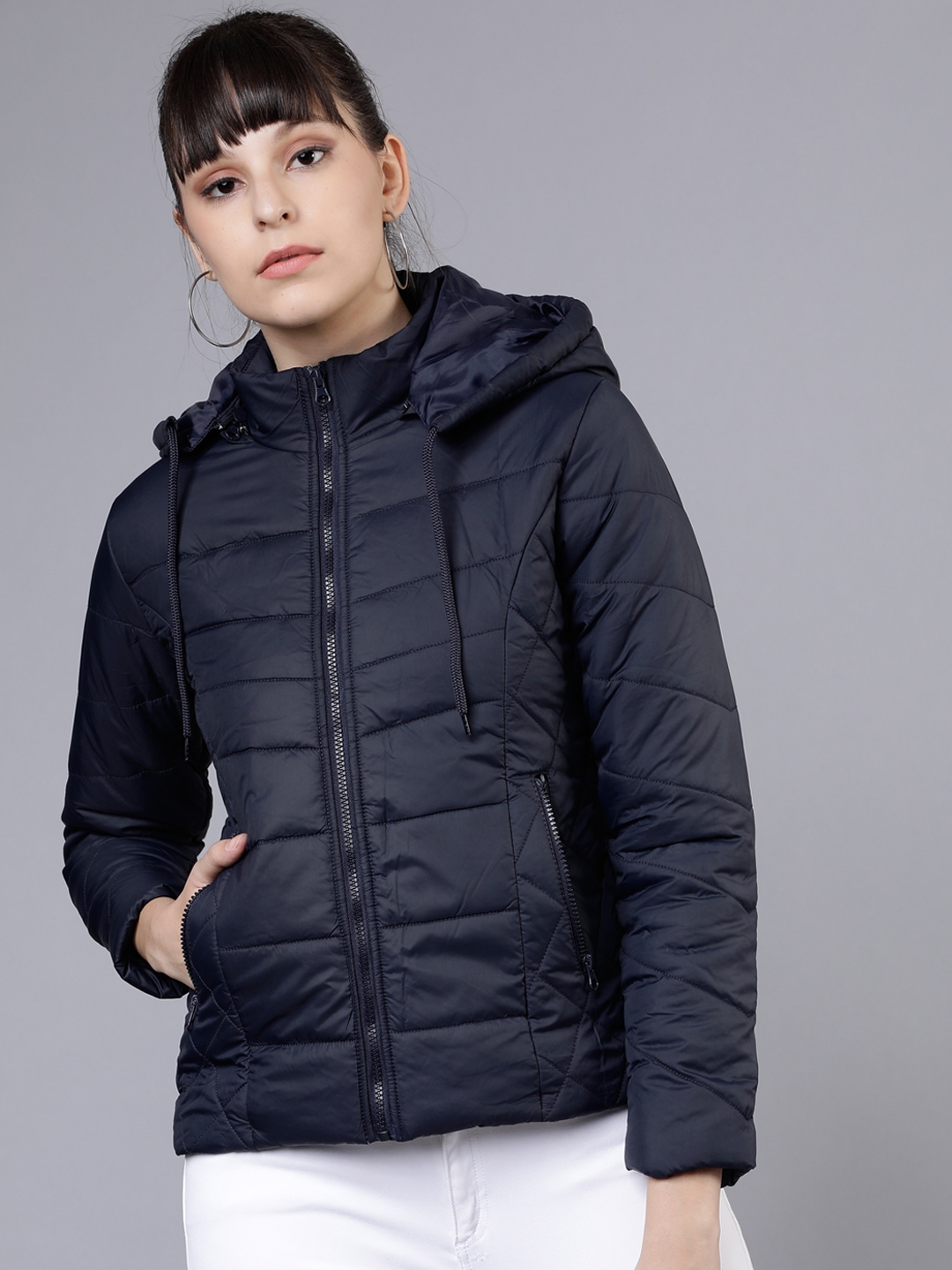 Buy Tokyo Talkies Women Navy Blue Solid Puffer Jacket - Jackets for ...