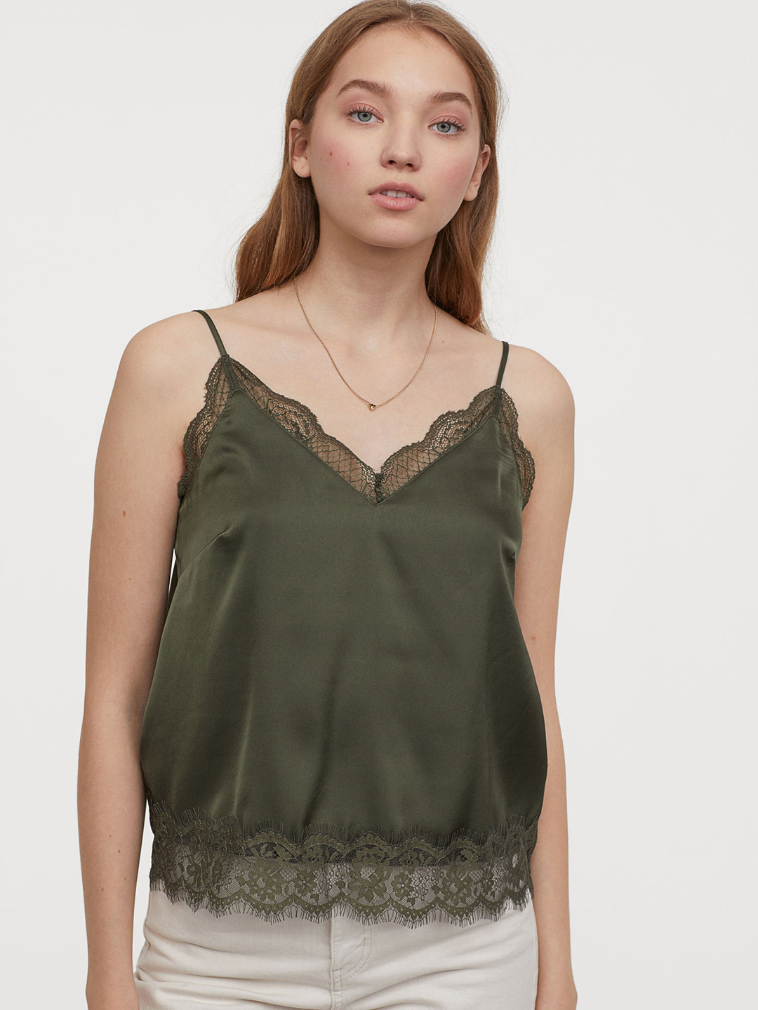 Buy H&M Women Green Satin Strappy Top With Lace Tops for Women