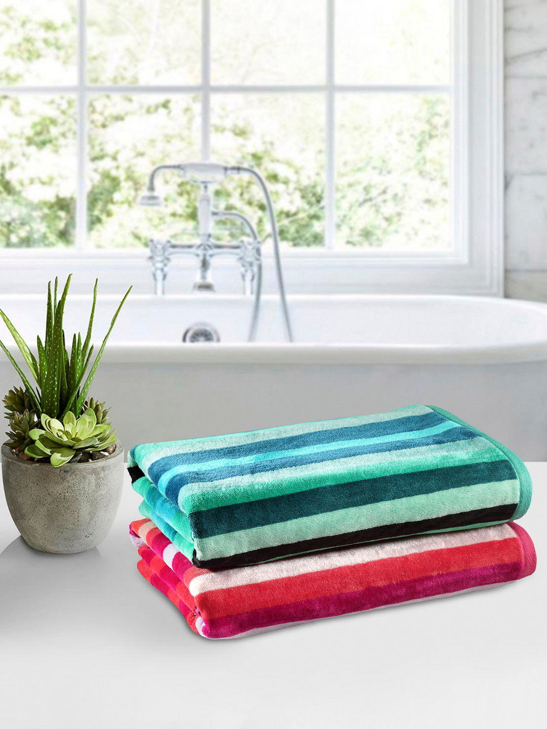 Buy Trident Set Of 2 Multicoloured Striped Cotton 450 GSM Bath Towels