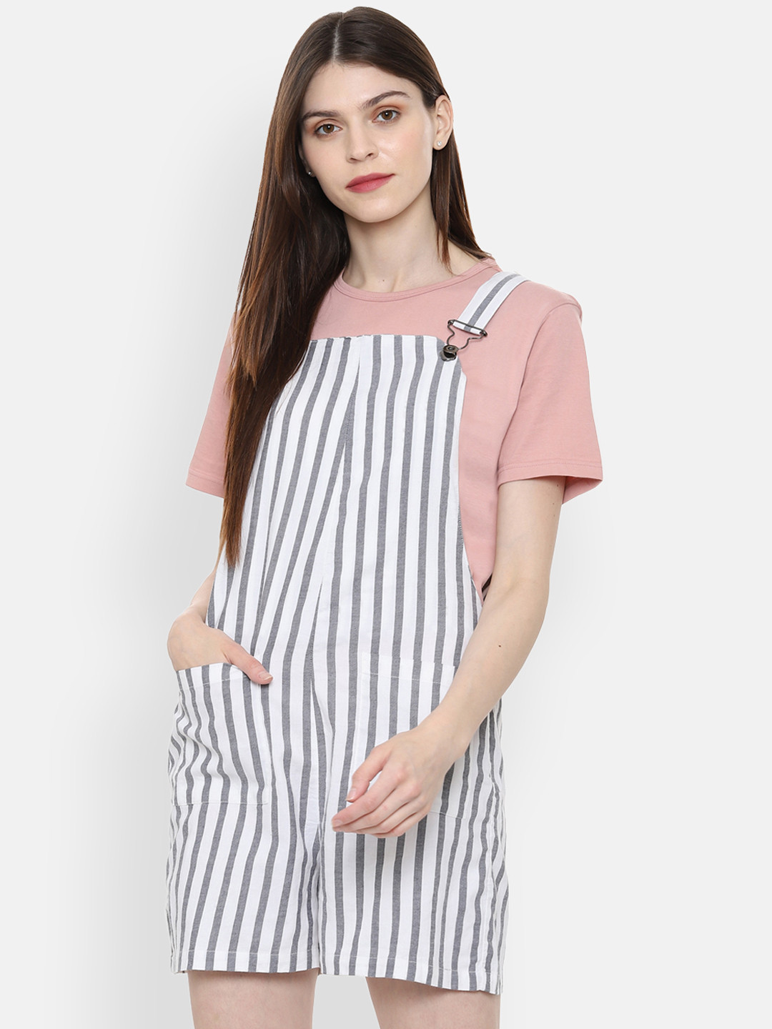 Buy People Women White & Grey Striped Dungarees - Dungarees for Women 10520004 | Myntra