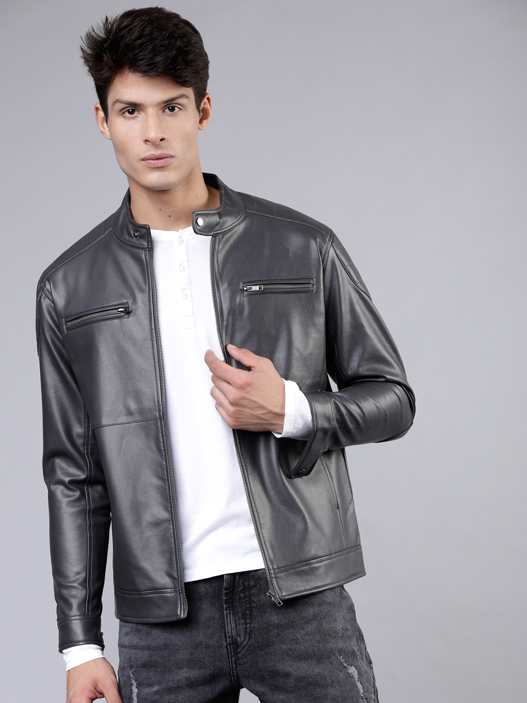 Buy HIGHLANDER Men Charcoal Grey Solid Leather Biker Jacket - Jackets ...