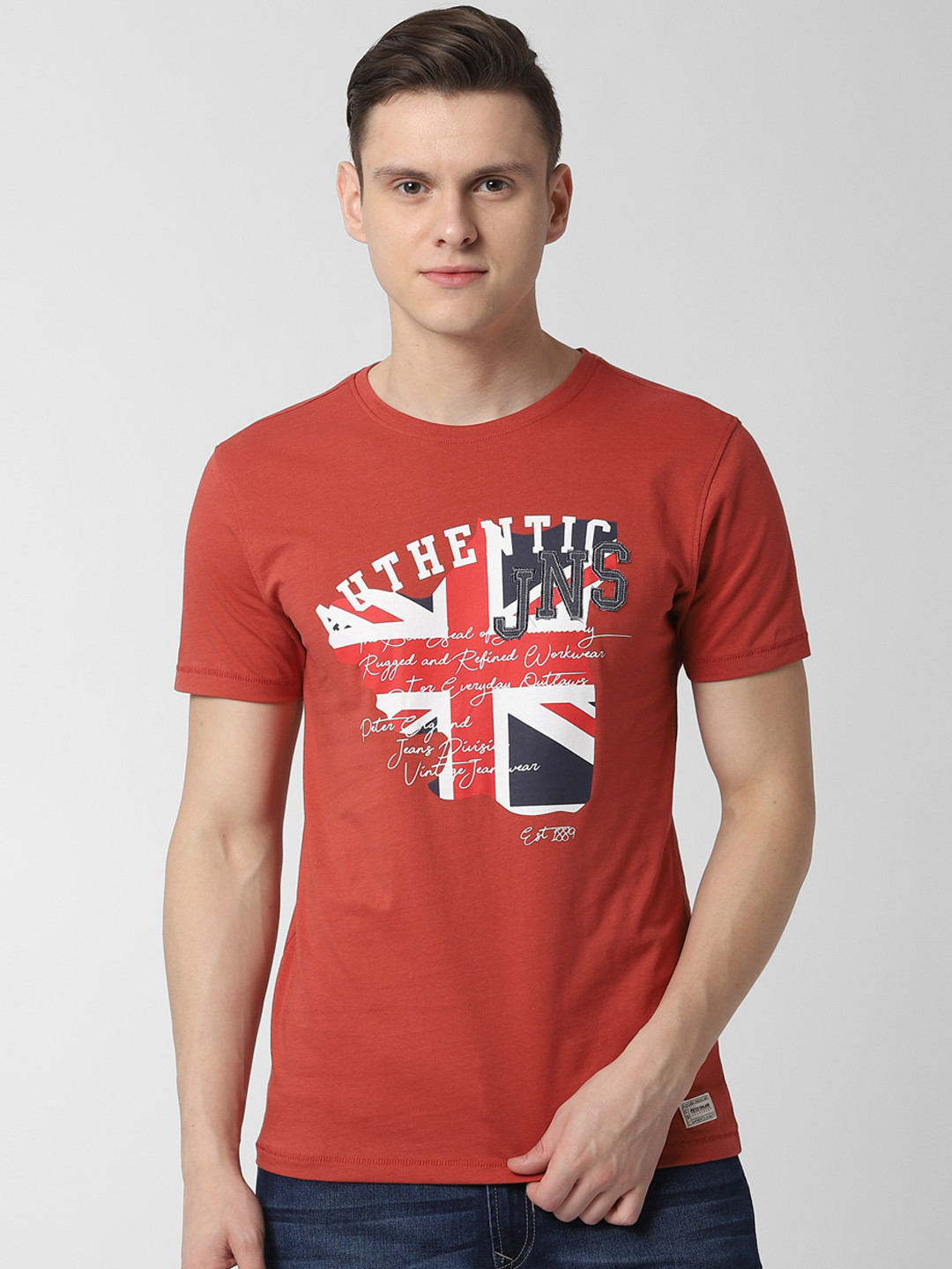 Buy Peter England Casuals Men Rust Brown Printed Round Neck Pure Cotton