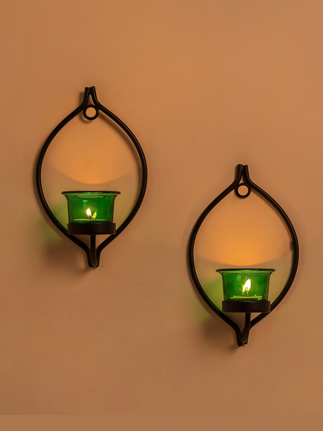 Buy Homesake Set Of 2 Black & Green Candle Holders Wall Decor for