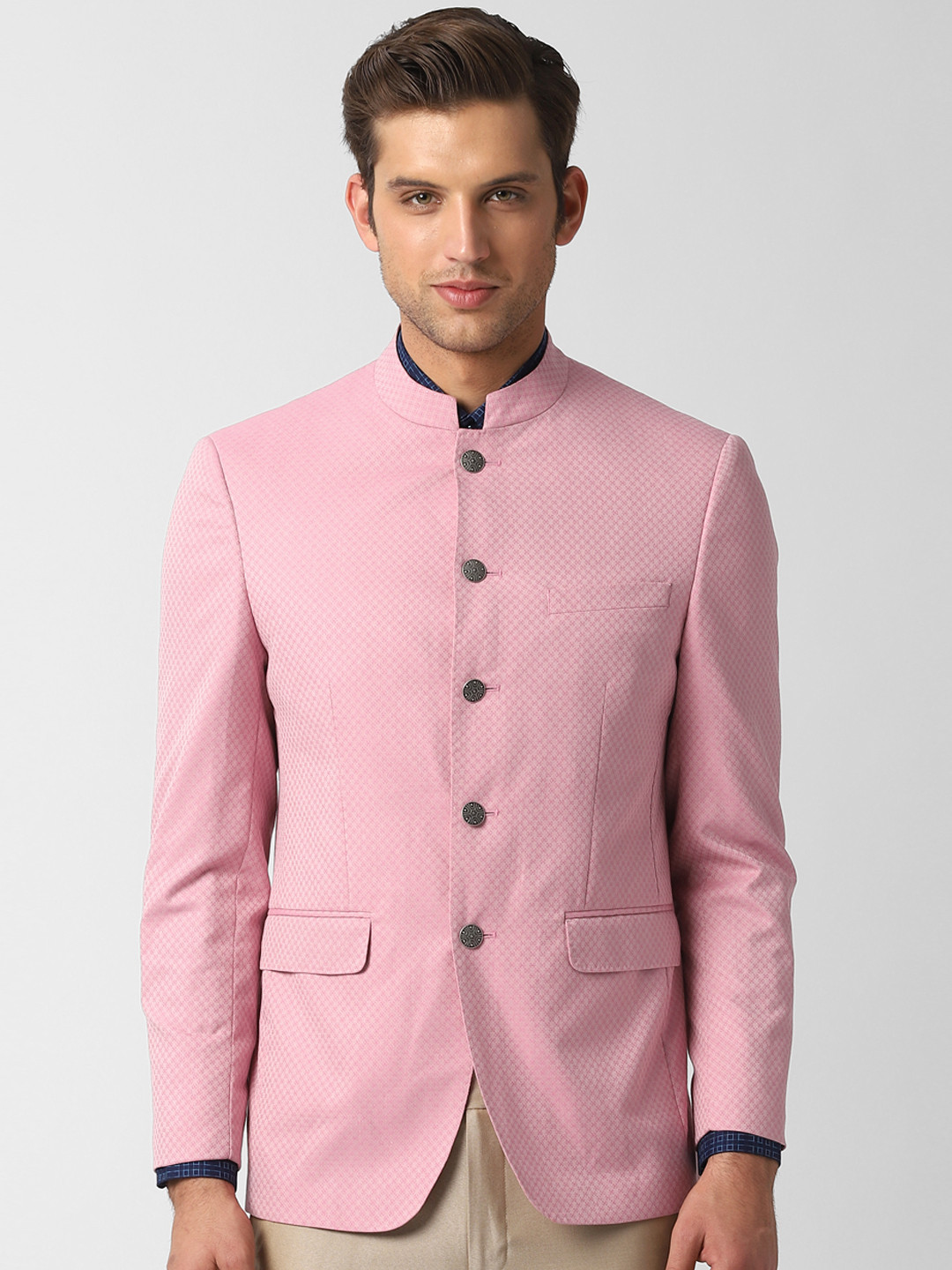 Buy Peter England Men Pink Self Design Slim Fit Bandhgala Blazer