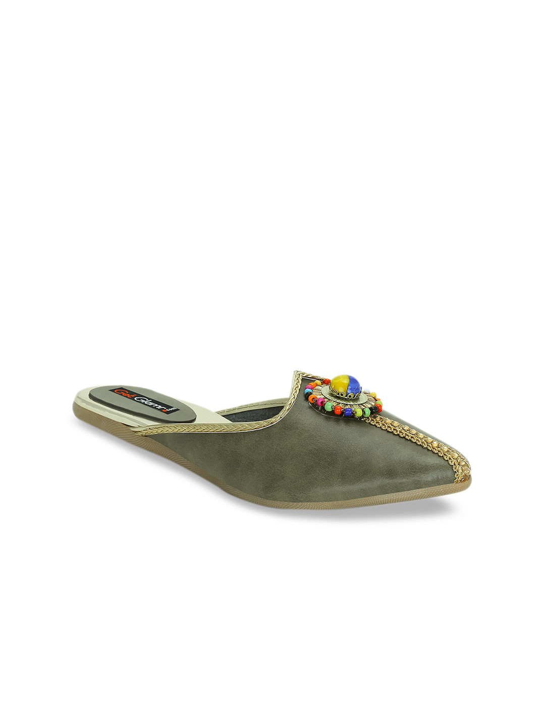 Buy Get Glamr Women Olive Green Embellished Mules Flats for Women