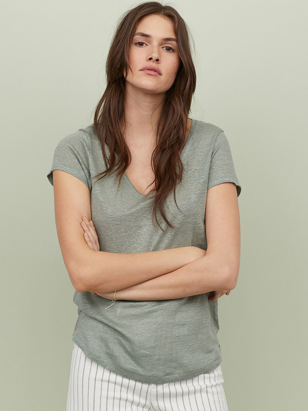 Buy H&M Women Green Solid Linen T Shirt Tshirts for Women 10378915