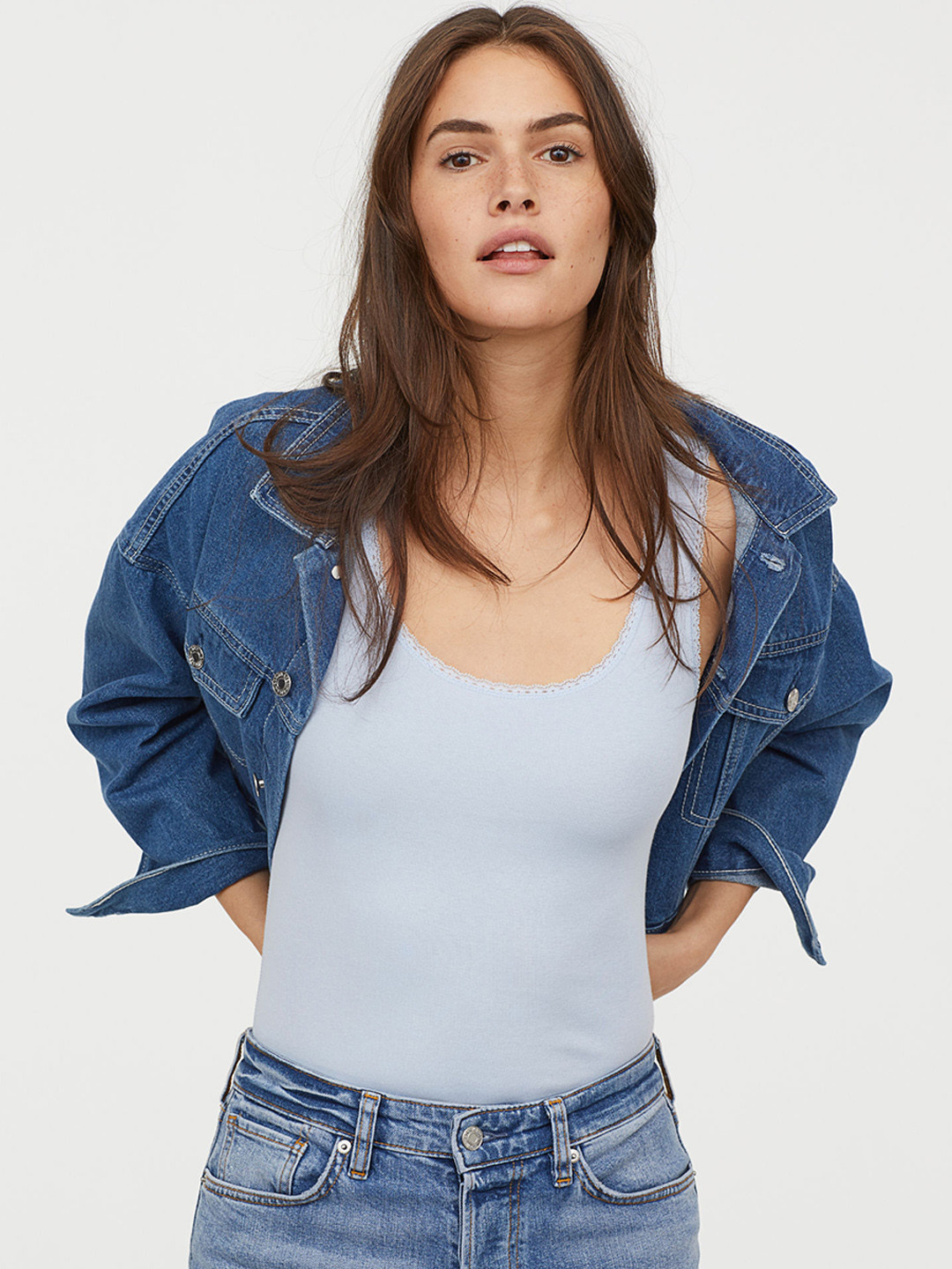 Buy H&M Women Blue Solid Vest Top With Lace Trims Tops for Women