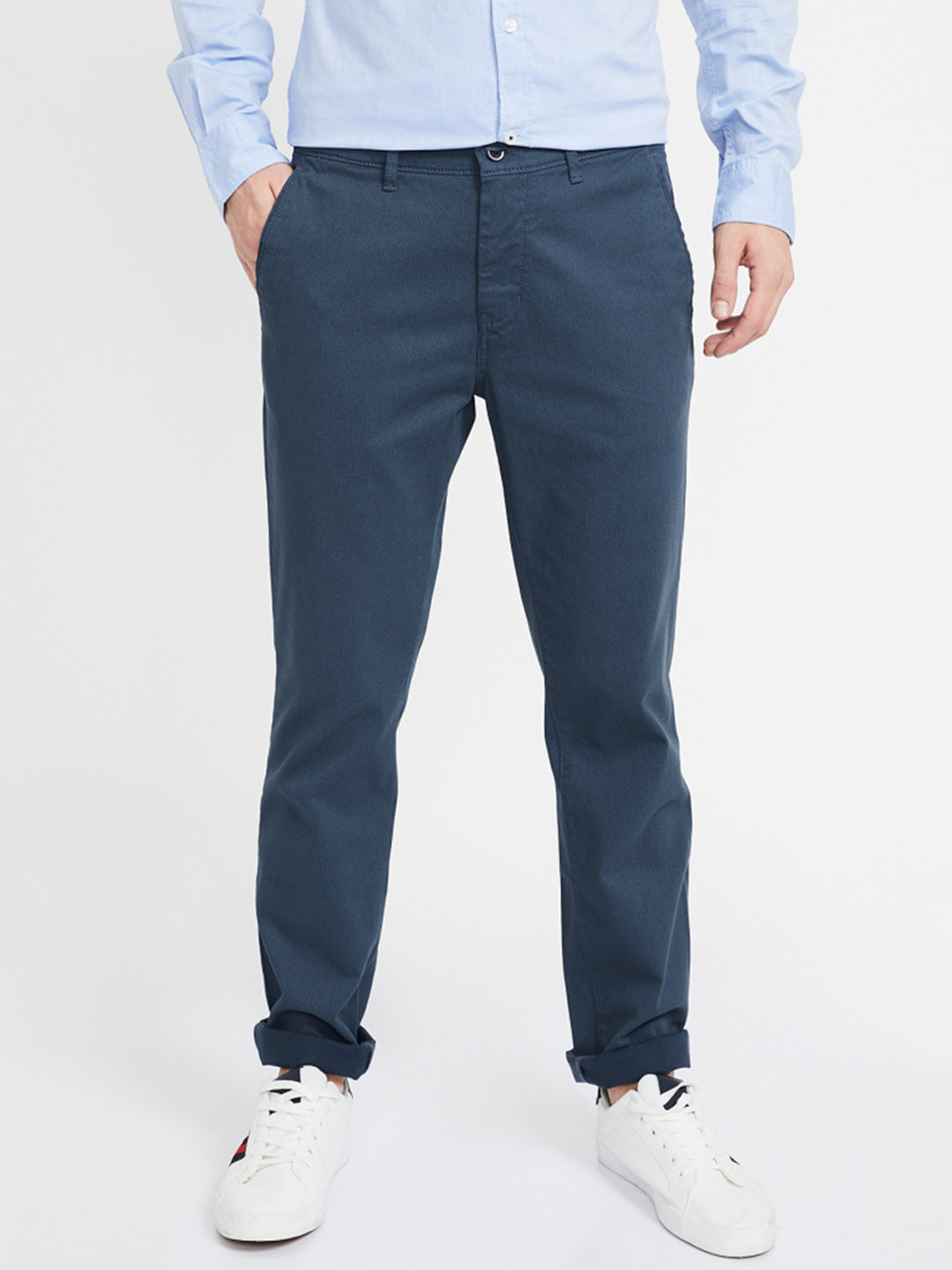 Buy CODE By Lifestyle Men Blue Slim Fit Solid Regular Trousers ...