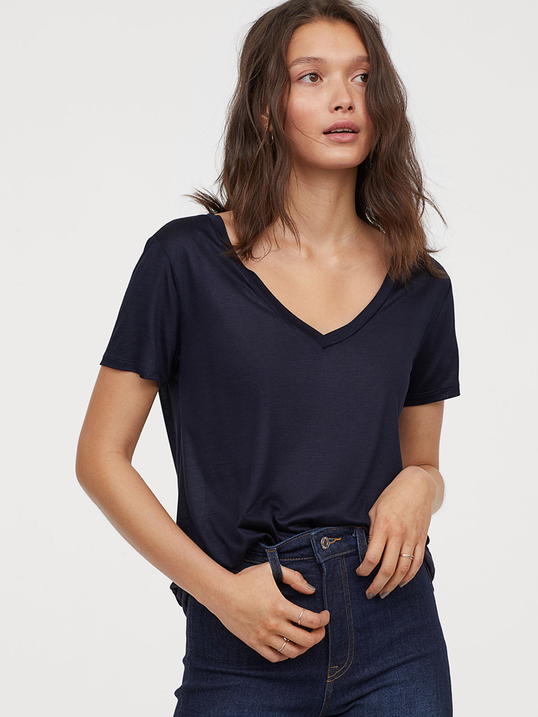 Buy H&M Women Blue Solid V Neck T Shirt Tshirts for Women 10377773