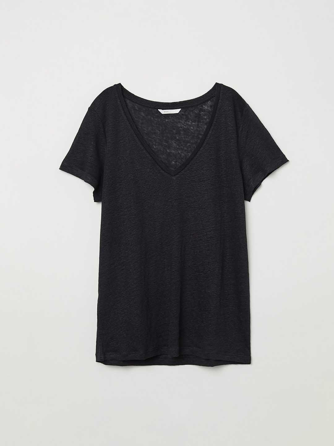 Buy H&M Women Black Solid Linen T Shirt Tshirts for Women 10378843
