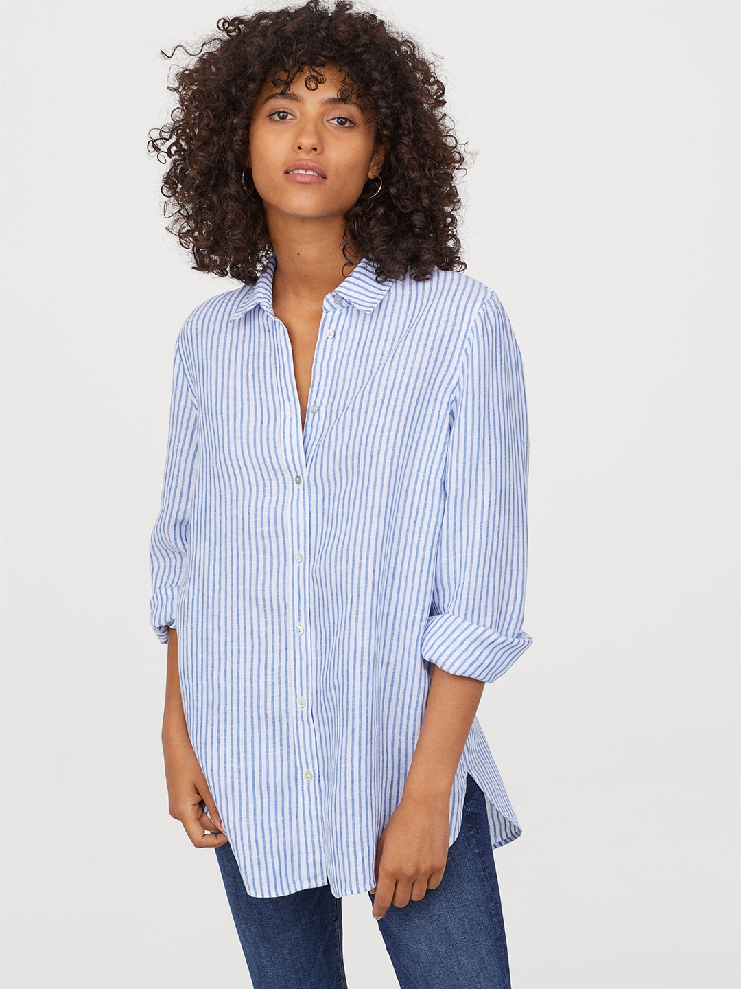 Buy H&M Women Blue Striped Linen Shirt - Shirts for Women 10377303 | Myntra