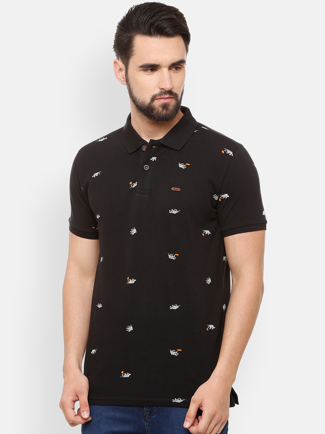 Buy People Men Black Printed Polo Collar Pure Cotton T Shirt Tshirts
