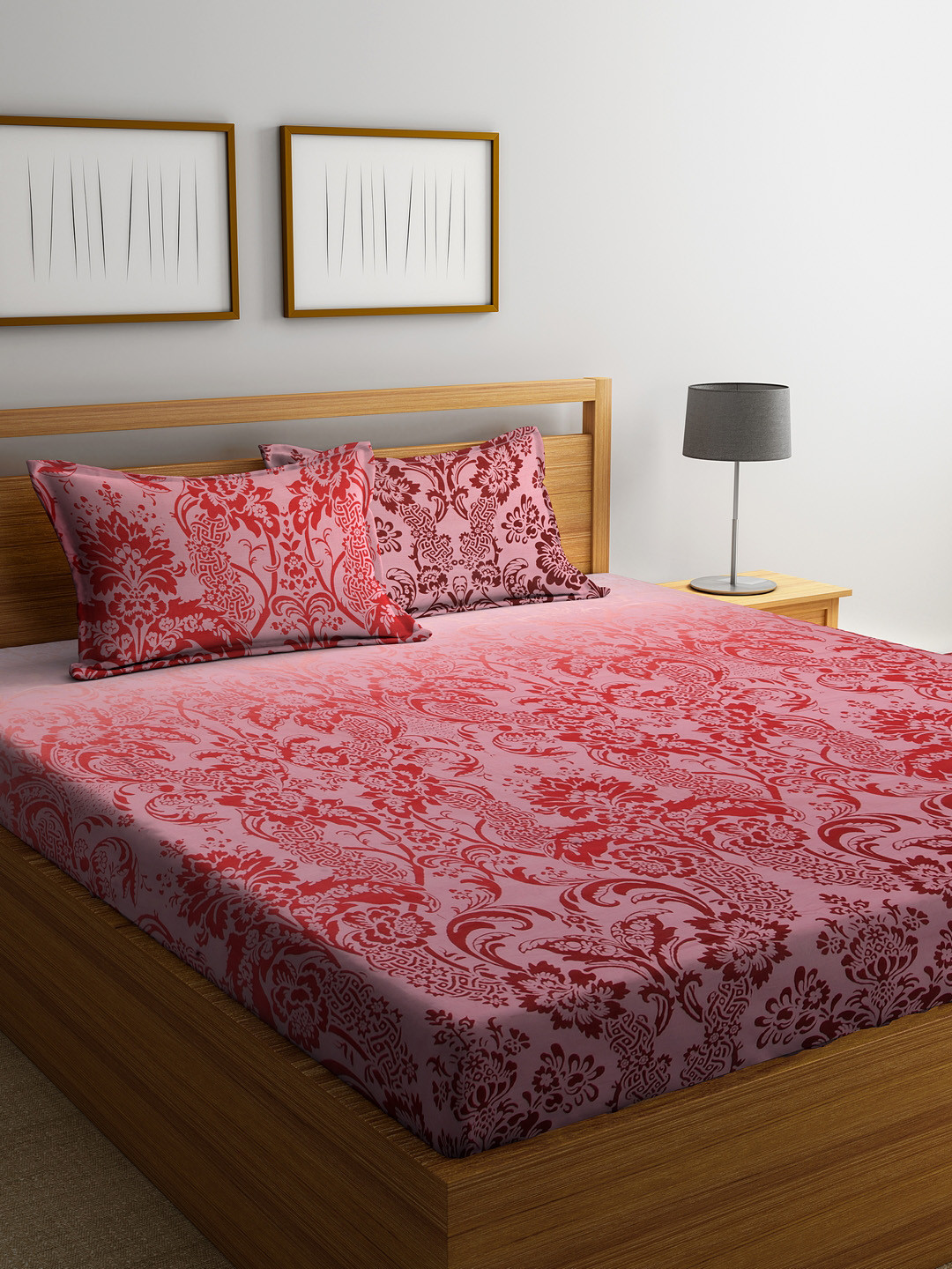 Buy BOMBAY DYEING Red Floral 180 TC Cotton 1 King Bedsheet With 2