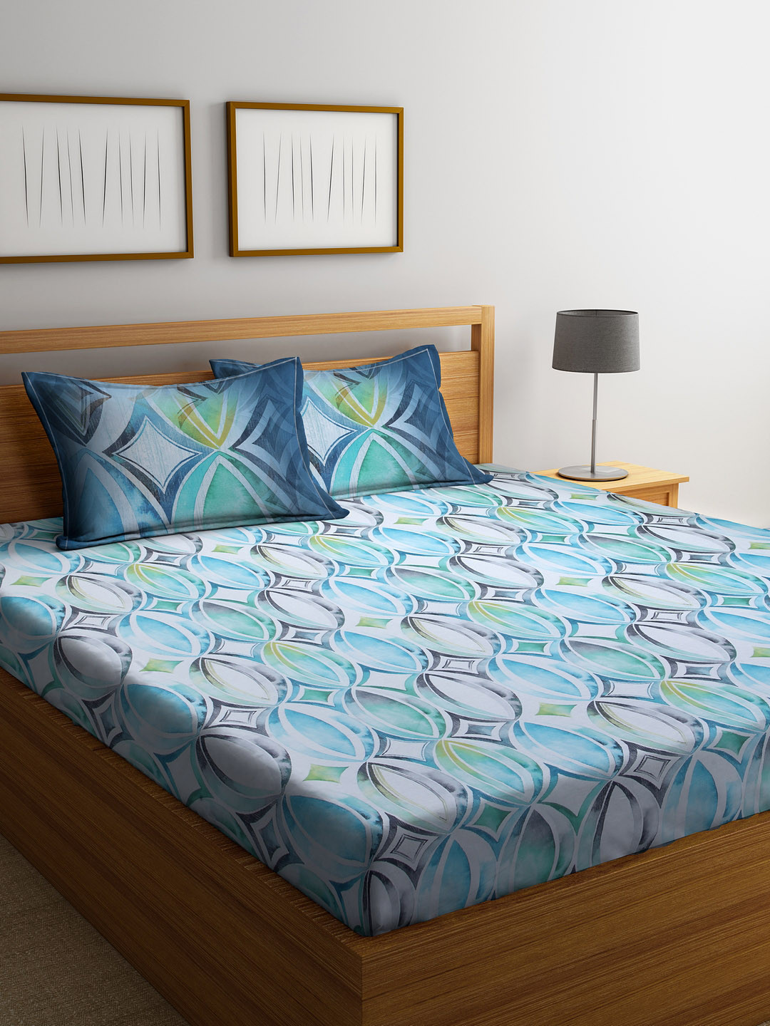 Buy BOMBAY DYEING Blue Abstract 180 TC Cotton 1 King Bedsheet With 2