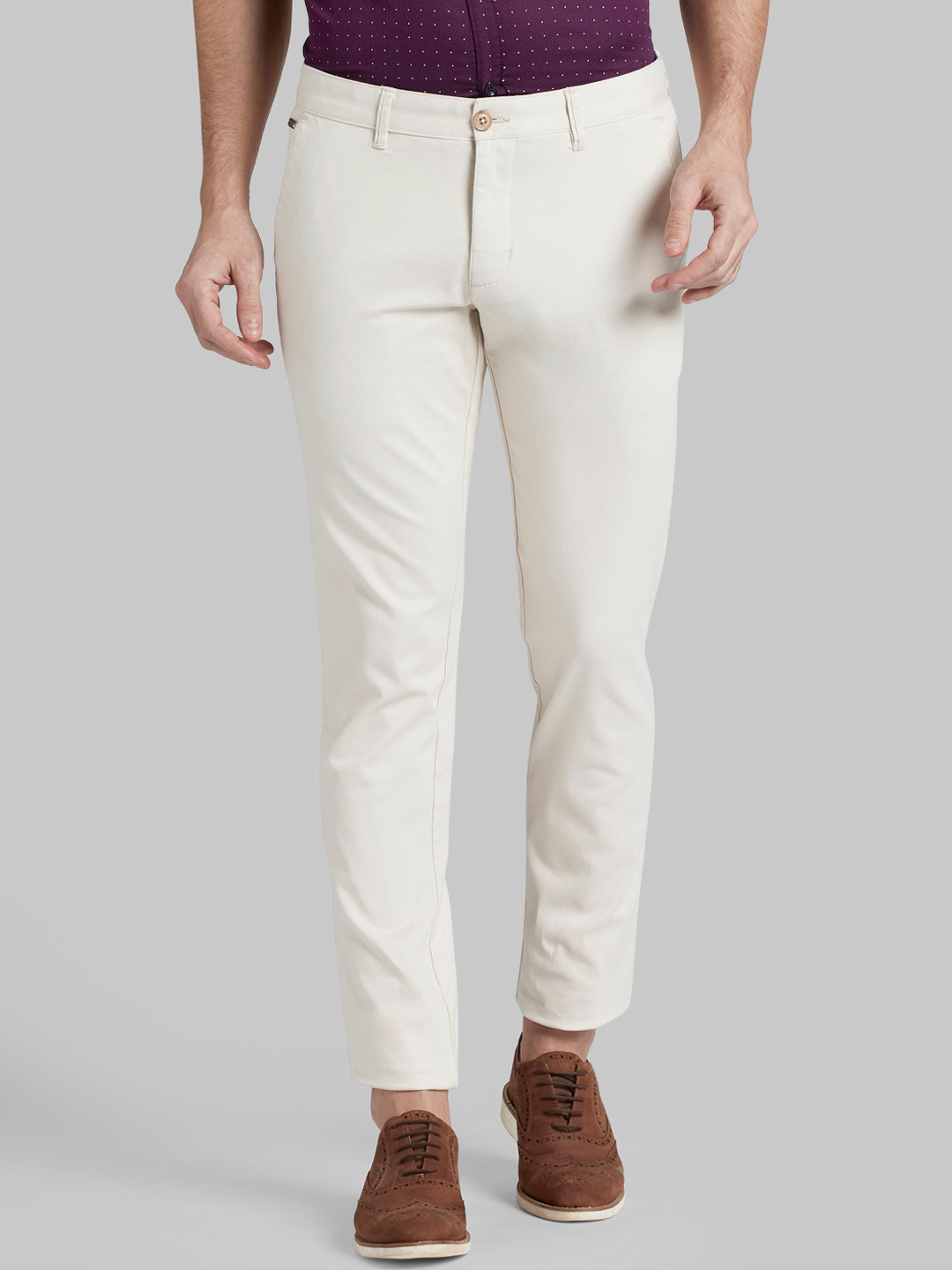 Buy Parx Men Cream Coloured Tapered Fit Solid Regular Trousers ...