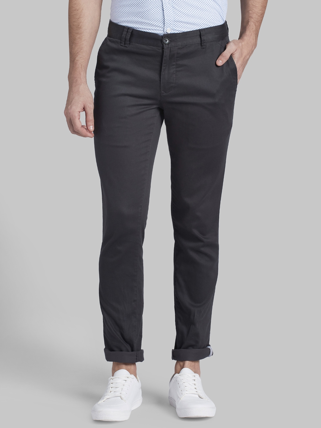 Buy Parx Men Charcoal Grey Slim Fit Solid Regular Trousers - Trousers ...