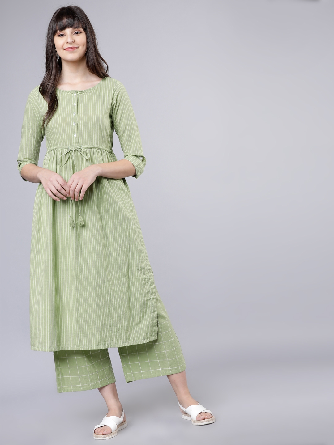Buy Vishudh Women Green Striped Anarkali Kurta - Kurtas for Women ...