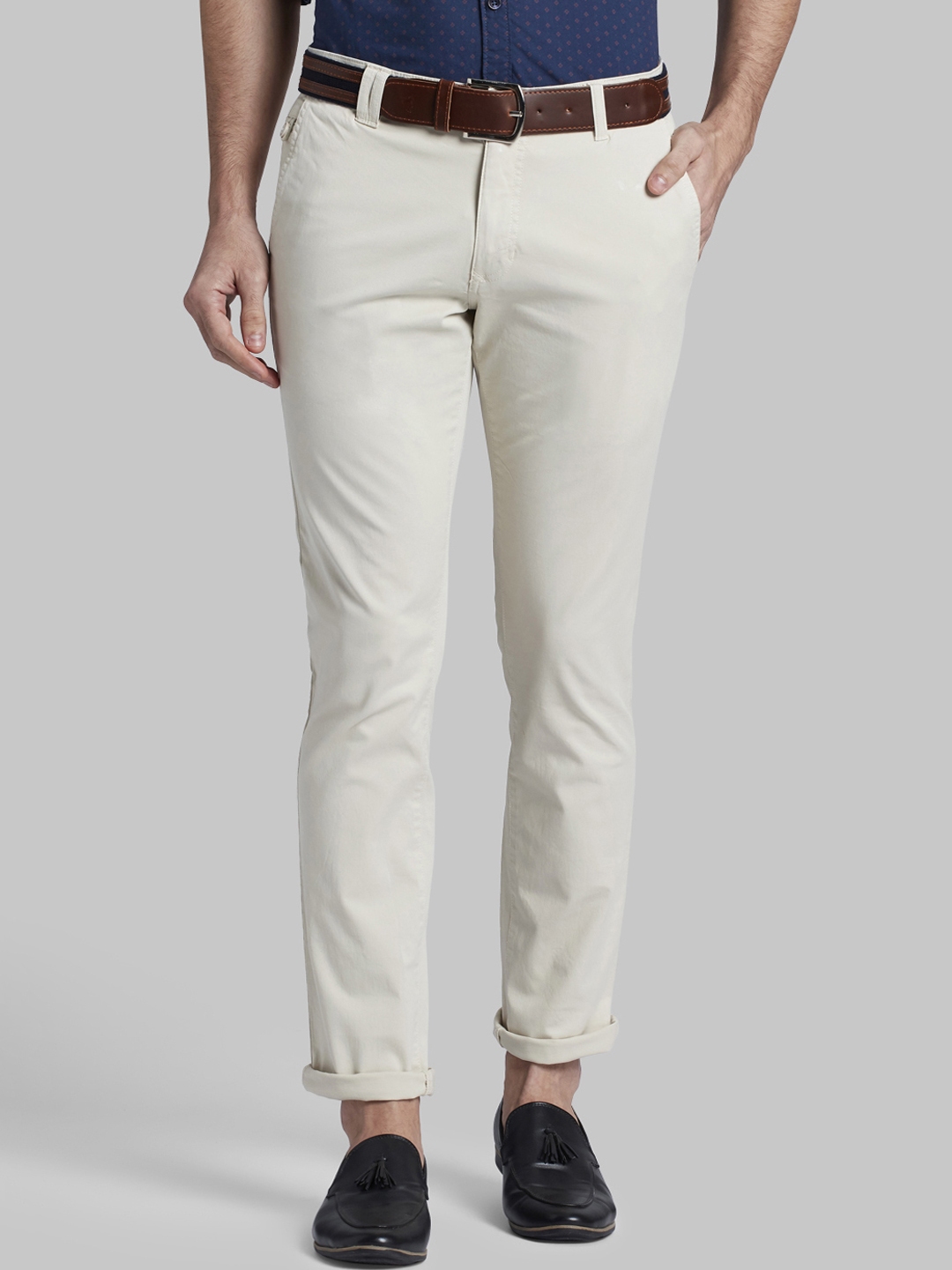 Buy Parx Men Beige Tapered Fit Solid Regular Trousers - Trousers for ...