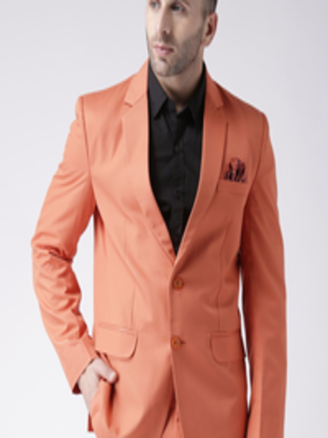 Buy Hangup Men Coral Orange Solid Single Breasted Regular Fit Formal ...