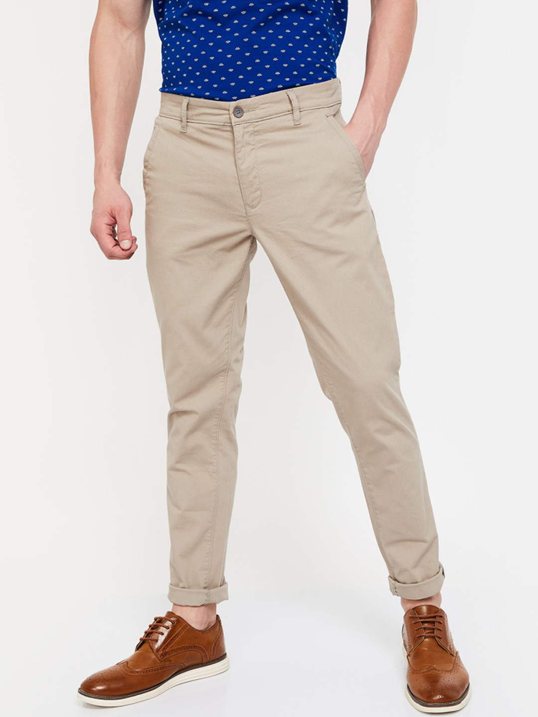 Buy CODE By Lifestyle Men Beige Slim Fit Solid Regular Trousers