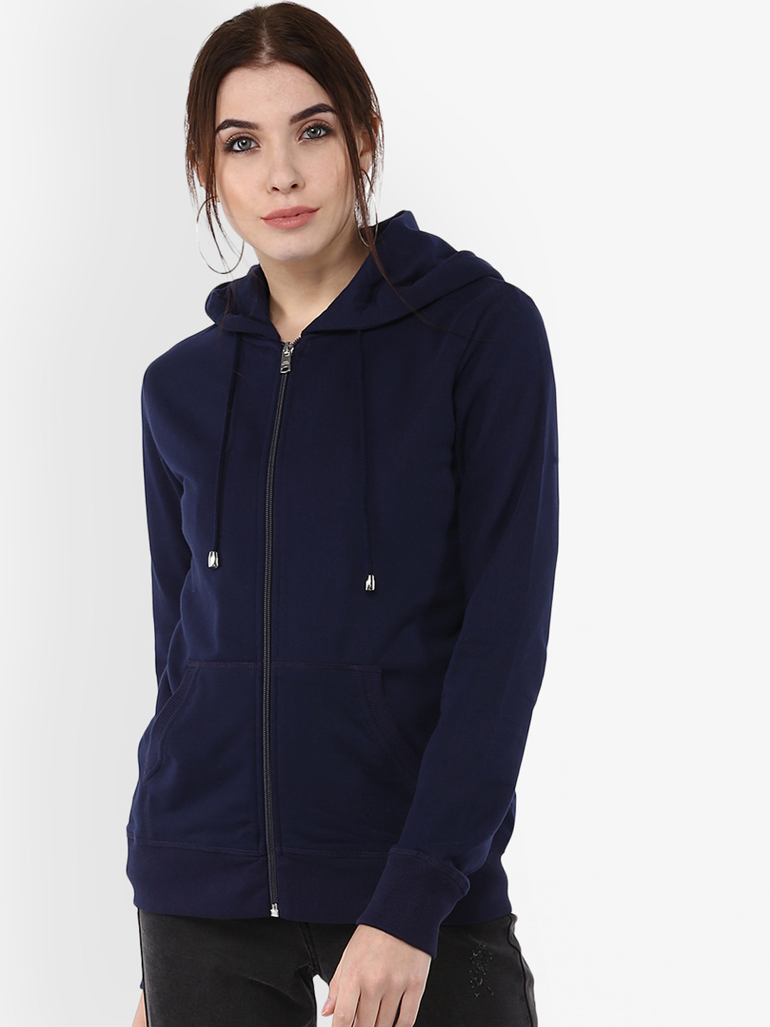 Buy Moda Elementi Women Navy Blue Solid Hooded Sweatshirt Sweatshirts