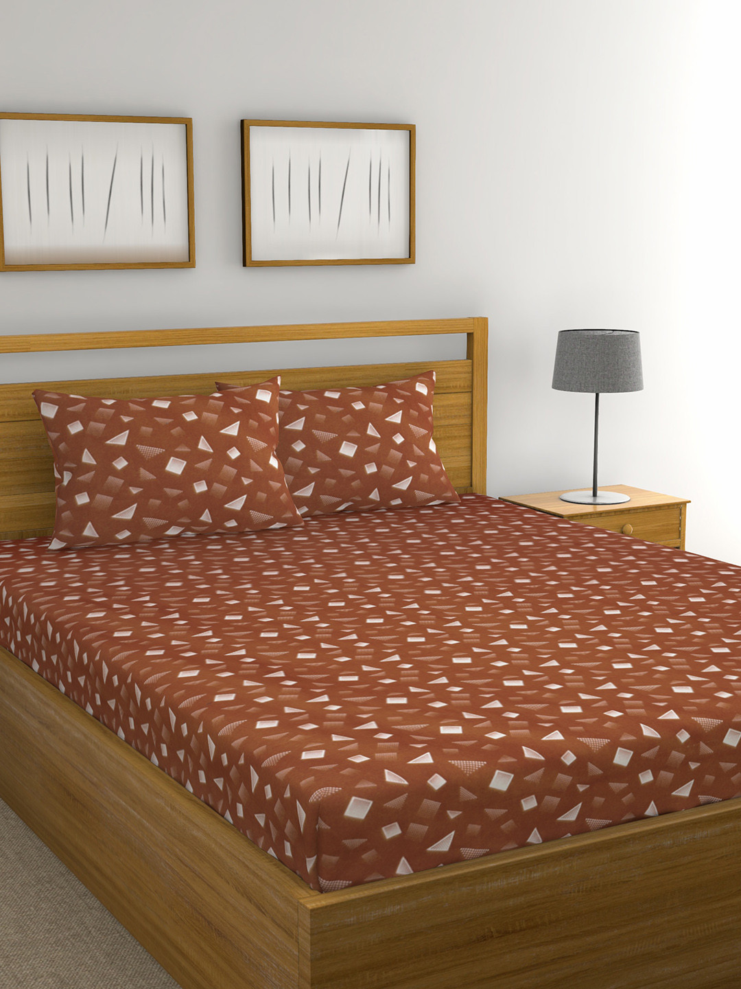 Buy Raymond Home Rust Brown Geometric TC Cotton 1 Bedsheet With 2