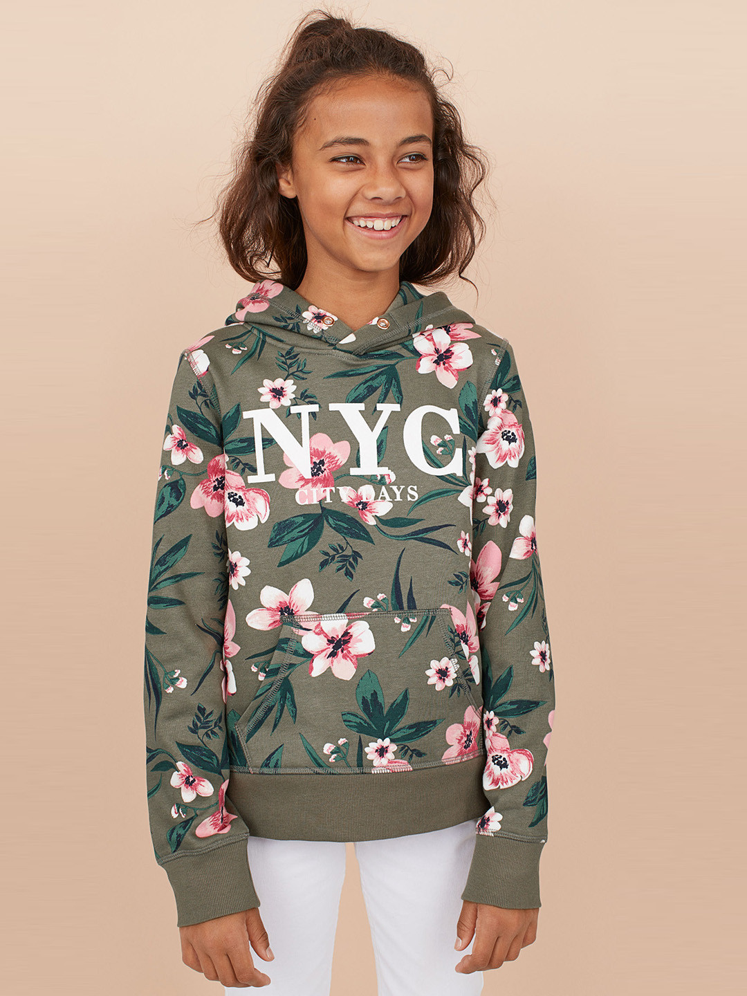Buy H&M Girls Olive Green Printed Hooded Sweatshirt With A Motif