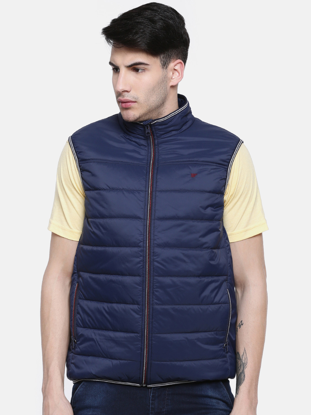 Buy T Base Men Navy Blue Solid Lightweight Sleeveless Puffer Jacket