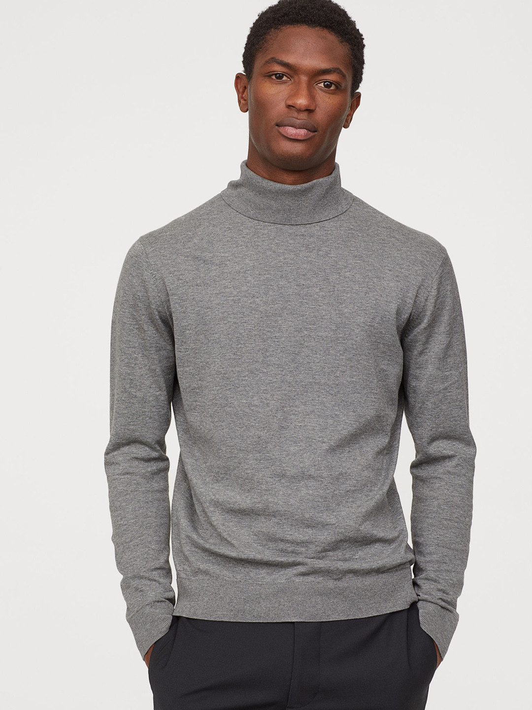 Buy H&M Men Grey Solid Premium Cotton Polo Neck Sweaters for Men