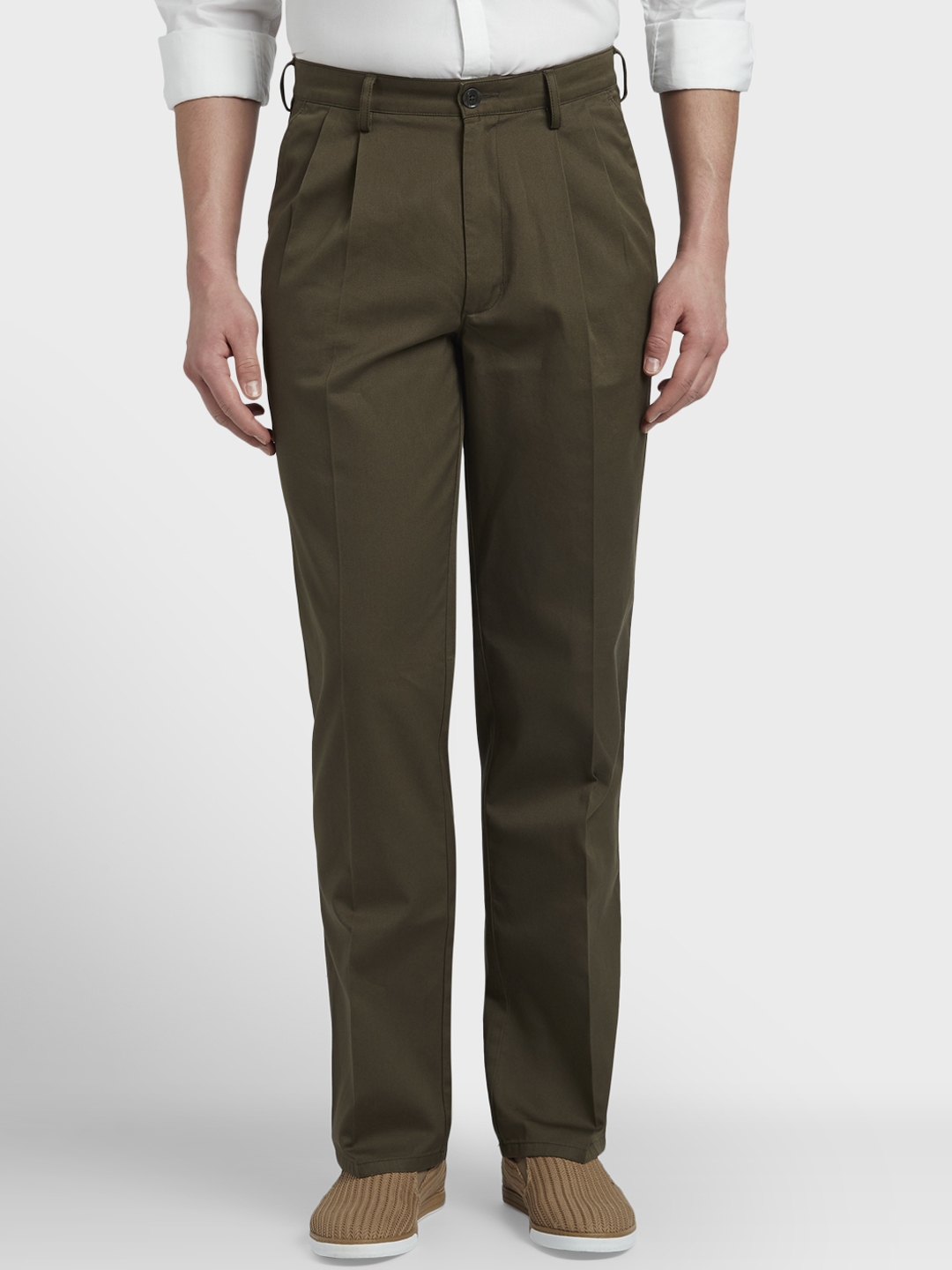 Buy ColorPlus Men Olive Green Regular Fit Solid Formal Trousers ...