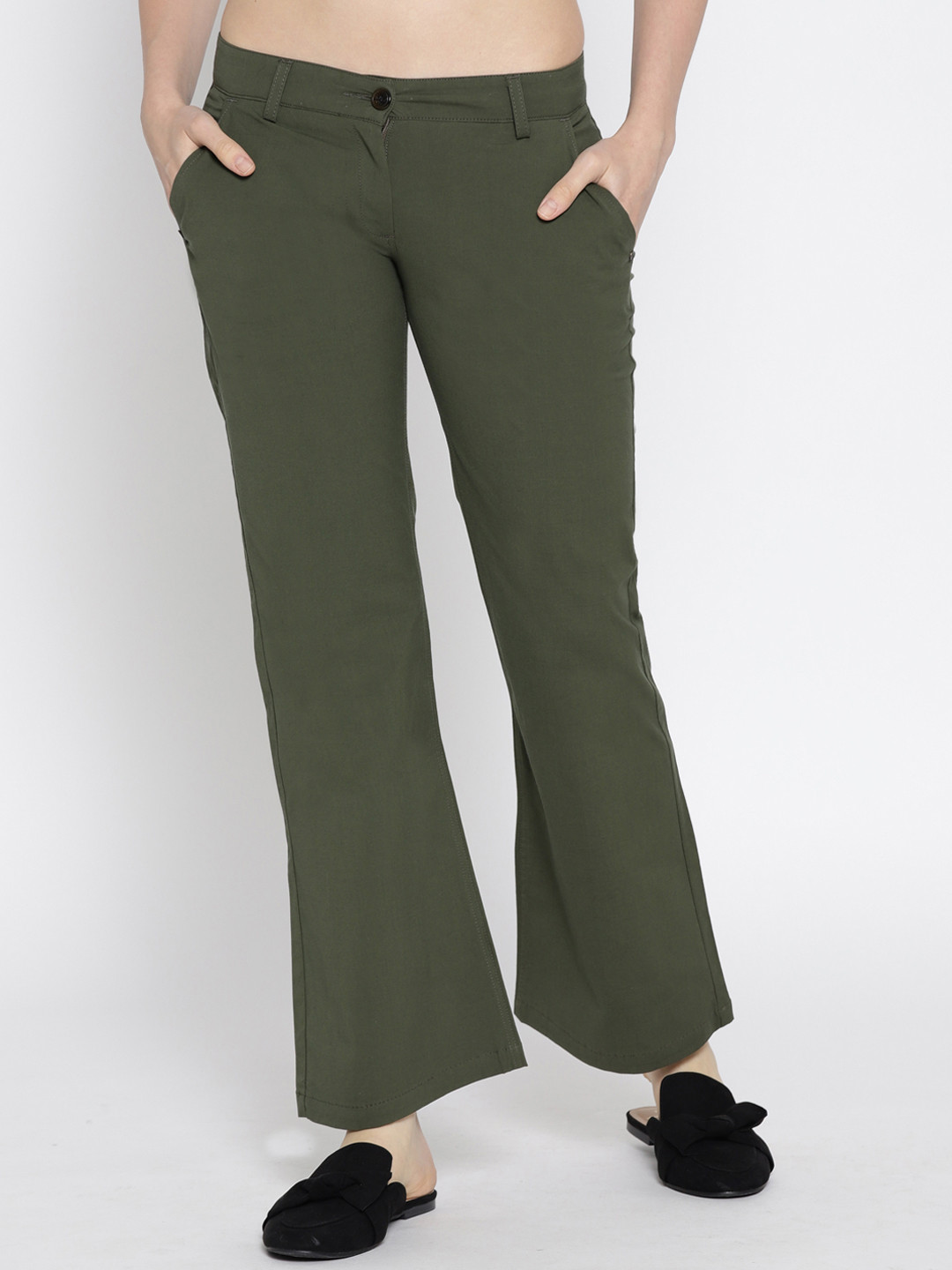 Buy JUMP USA Women Khaki Flared Solid Bootcut Trousers Trousers for