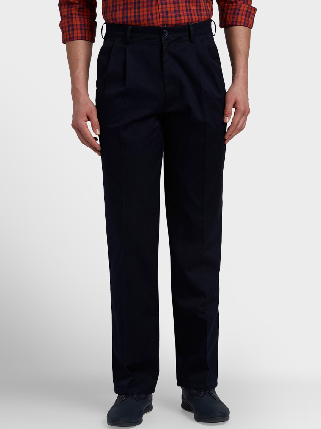 Buy ColorPlus Men Navy Blue Regular Fit Self Design Formal Trousers ...