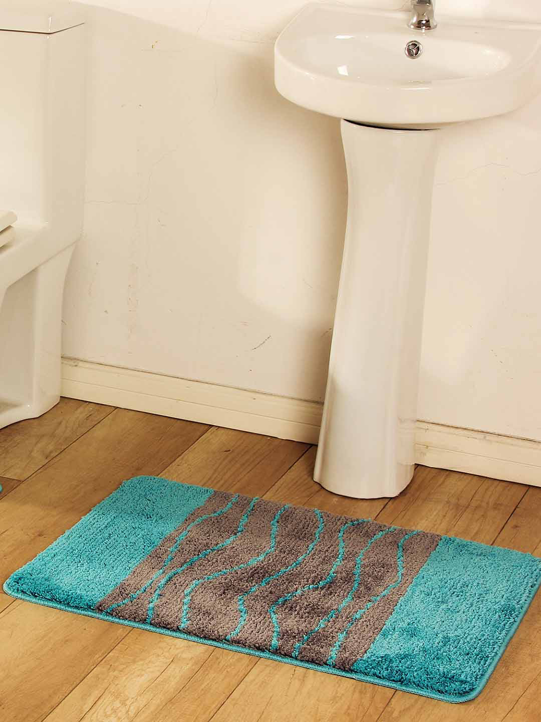 Buy OBSESSIONS Blue & Grey Microfiber Polyester Anti Slip Bath Rug
