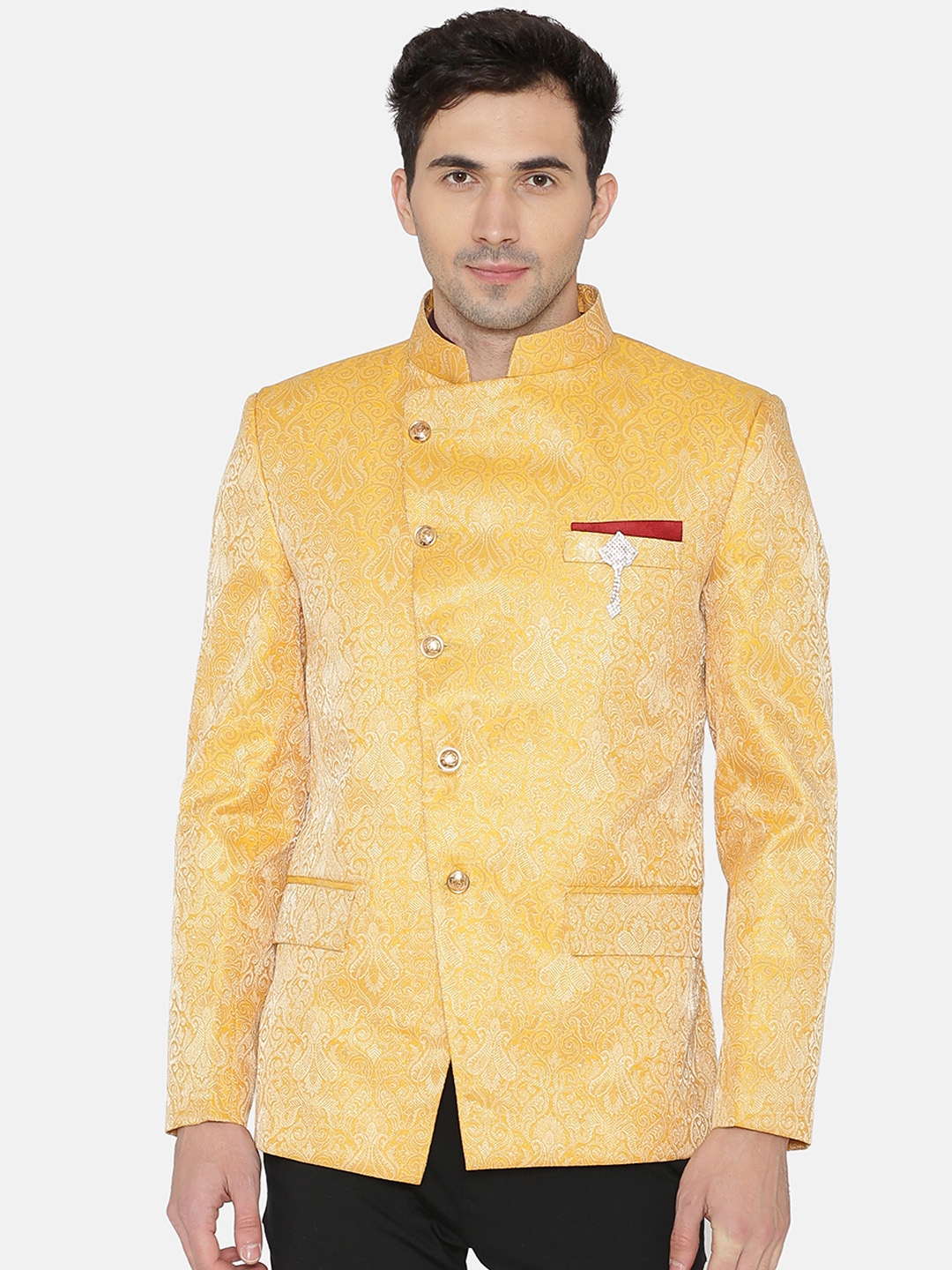 Buy Wintage Men Yellow Self Design Regular Fit Bandhgala Blazer ...