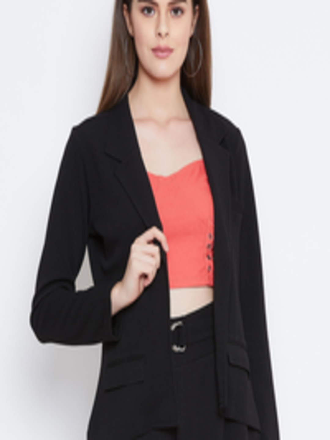 Buy Zastraa Women Black Self Design Hip Length Coat - Coats for Women ...