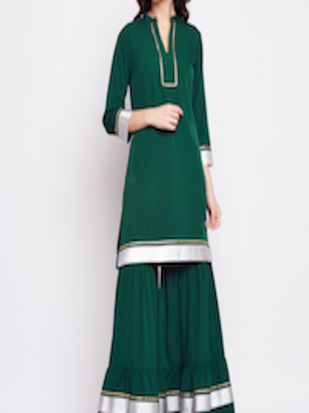 Buy FABNEST Women Green & Silver Coloured Solid Kurta With Sharara ...
